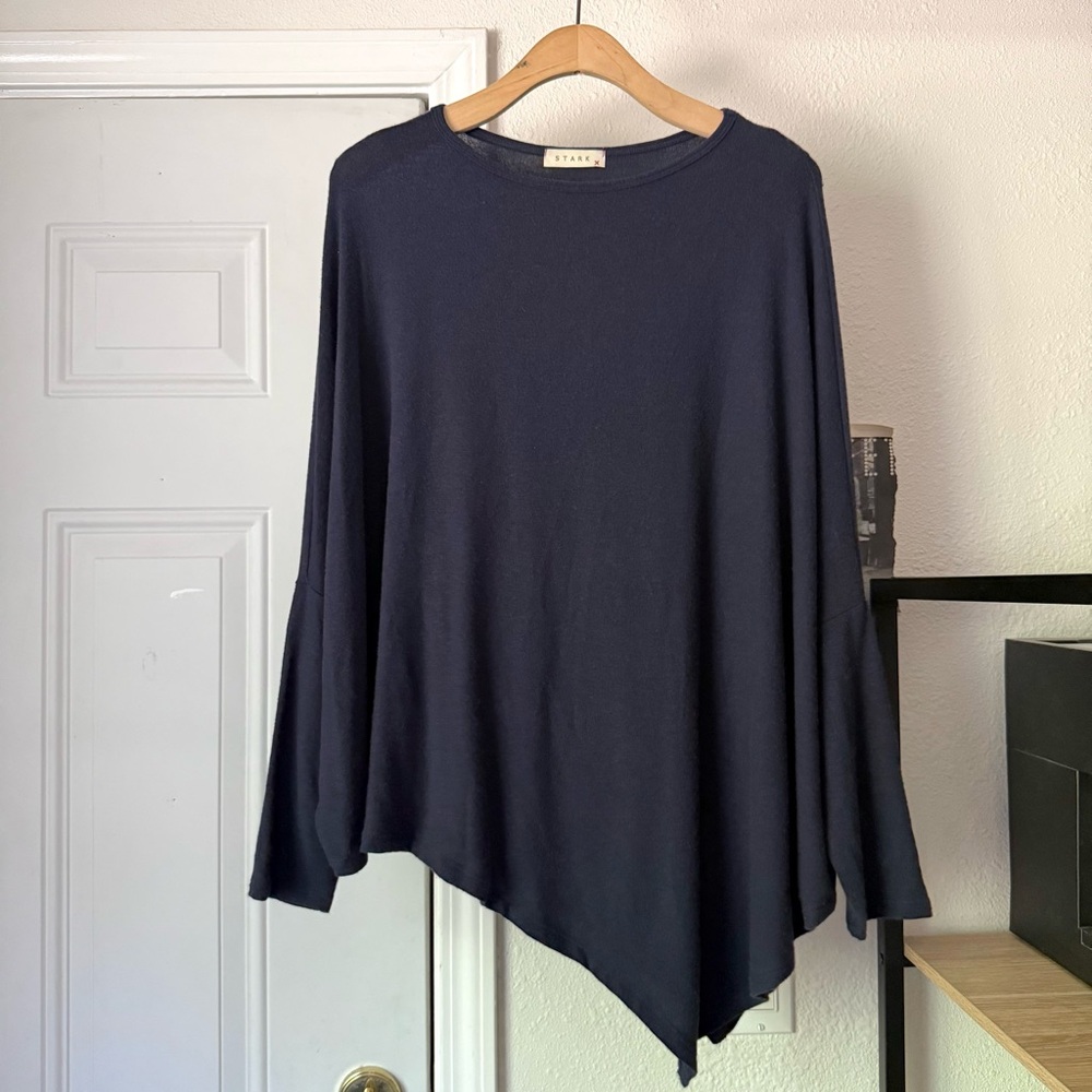 STARK X navy blue knit batwing long sleeve asymmetrical‎ draped hem pullover top